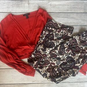 Boho Outfit Cropped Long Sleeve Top & Paisley Low Waist Flare Pants Size S Small